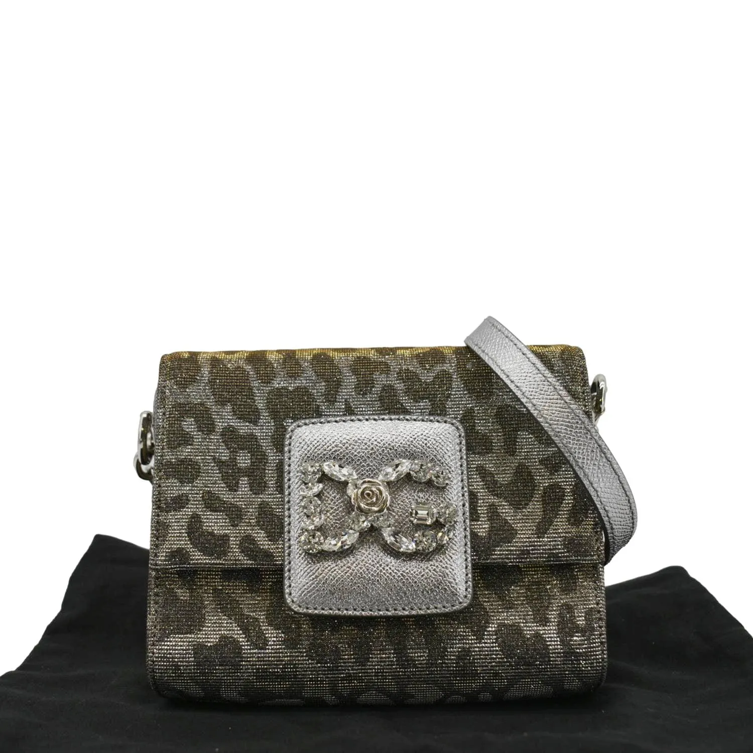 DOLCE & GABBANA Glitter DG Millennials Mini Leopard Print Leather Shoulder Bag Metallic Silver