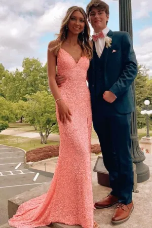 Elegant Long Mermaid Sequined Pink Prom Dress Formal Evening Gowns With Straps OK1440