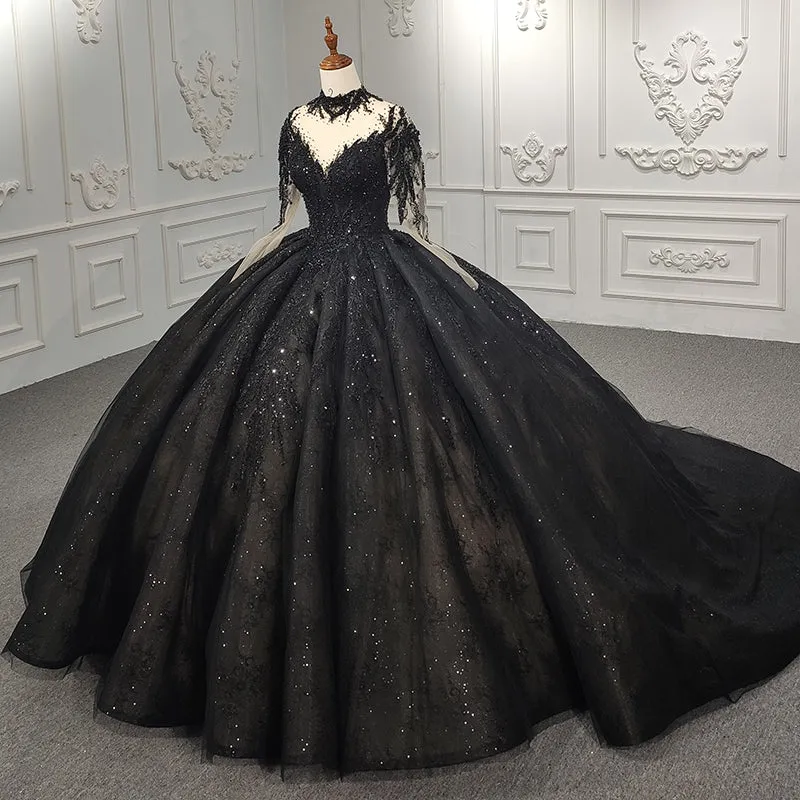 Exquisite Sequined Black Ball Gown Long Sleeves Beading Long Prom Dresses