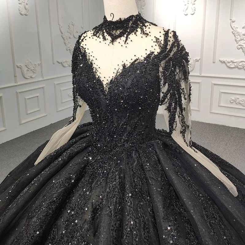 Exquisite Sequined Black Ball Gown Long Sleeves Beading Long Prom Dresses