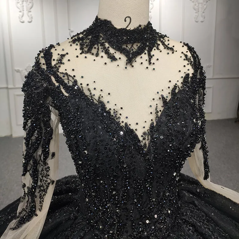 Exquisite Sequined Black Ball Gown Long Sleeves Beading Long Prom Dresses