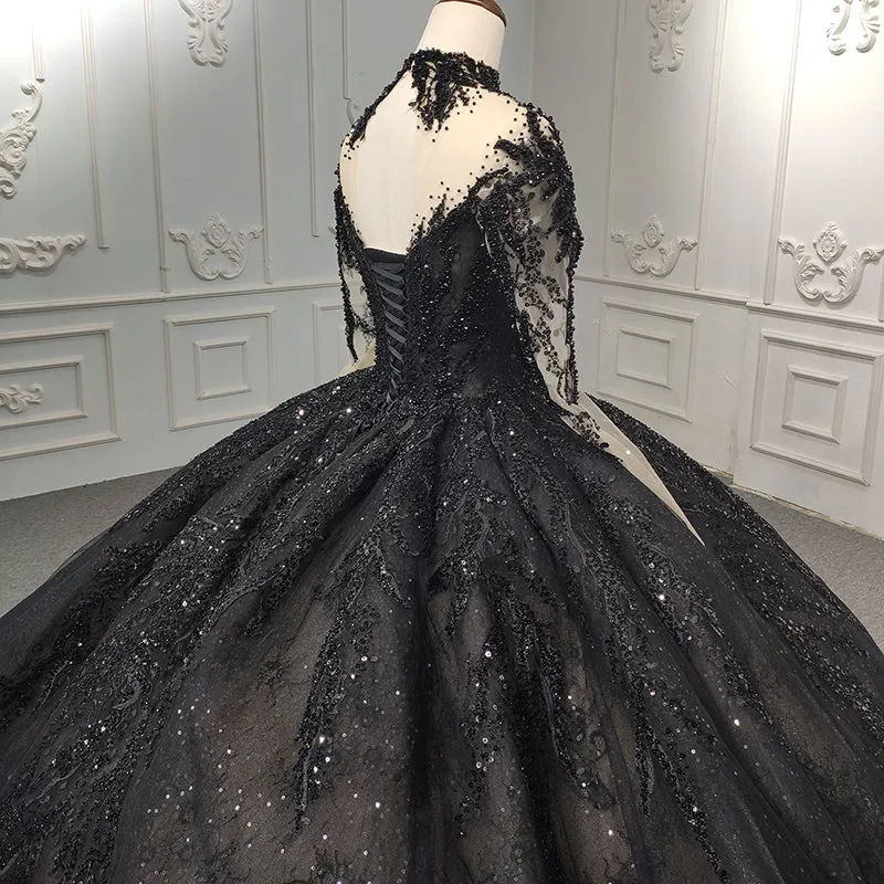 Exquisite Sequined Black Ball Gown Long Sleeves Beading Long Prom Dresses