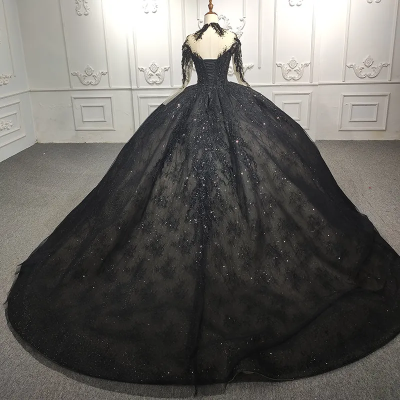 Exquisite Sequined Black Ball Gown Long Sleeves Beading Long Prom Dresses