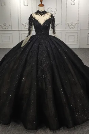 Exquisite Sequined Black Ball Gown Long Sleeves Beading Long Prom Dresses