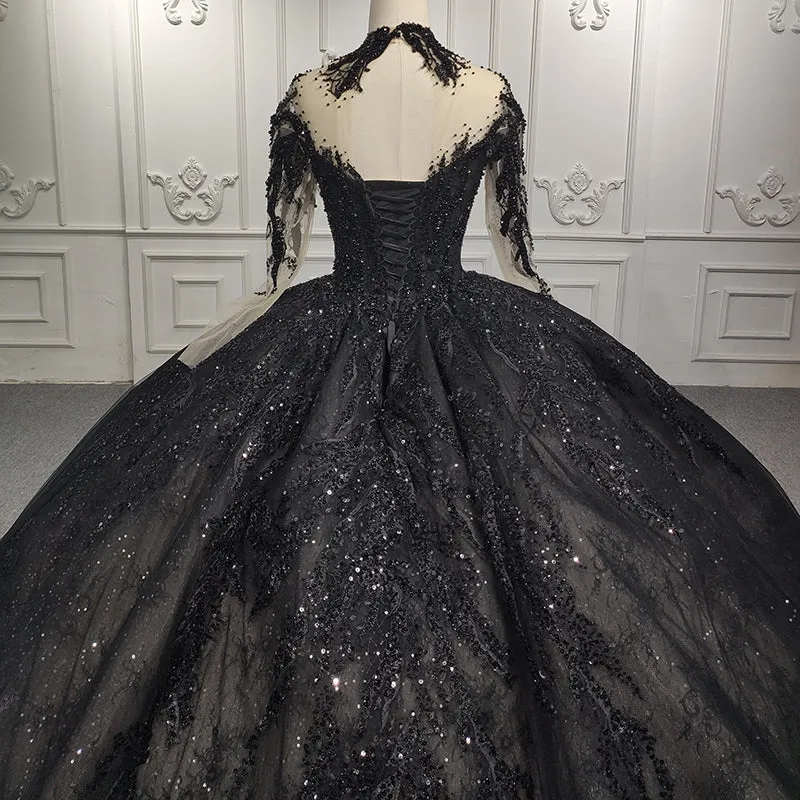 Exquisite Sequined Black Ball Gown Long Sleeves Beading Long Prom Dresses