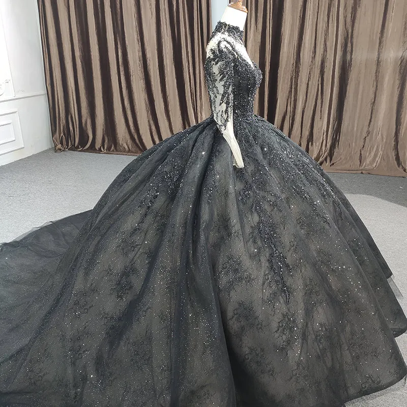Exquisite Sequined Black Ball Gown Long Sleeves Beading Long Prom Dresses