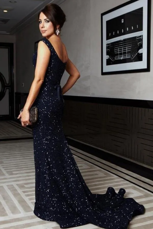 Fabulous Blue Sequined Mermaid Straps Long Prom Dresses with Sweep Train, MP142
