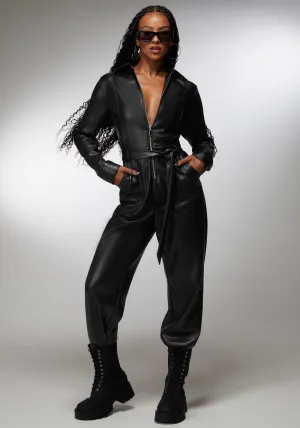 Faux Leather Cargo Jumpsuit