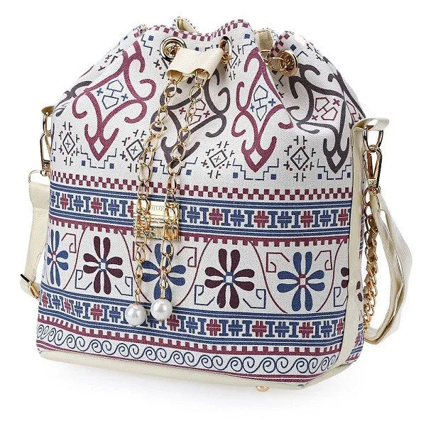 Female Summer Ethnic Boho Canvas Drawstring Bucket Bag Shoulder Handbags Women Messenger Beach Bags