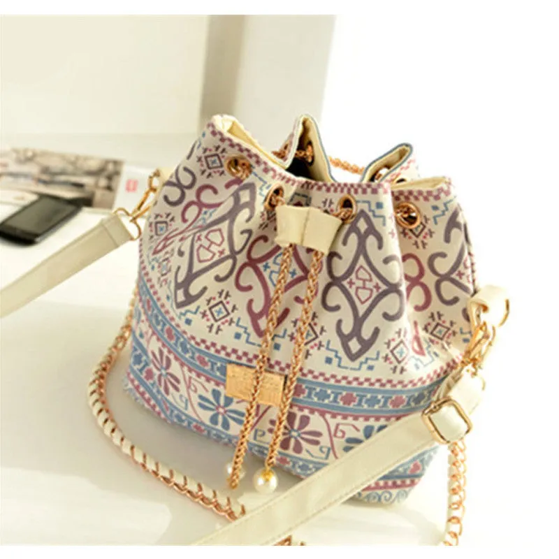 Female Summer Ethnic Boho Canvas Drawstring Bucket Bag Shoulder Handbags Women Messenger Beach Bags
