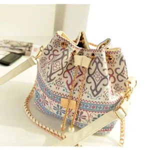 Female Summer Ethnic Boho Canvas Drawstring Bucket Bag Shoulder Handbags Women Messenger Beach Bags