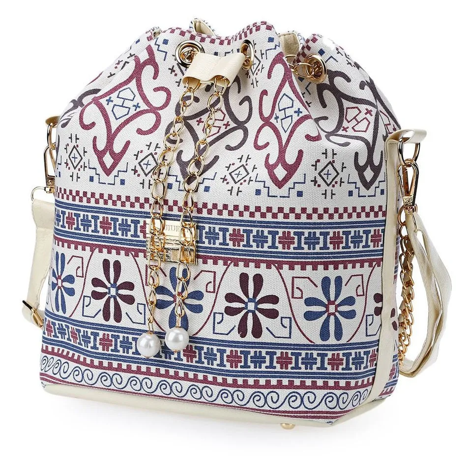 Female Summer Ethnic Boho Canvas Drawstring Bucket Bag Shoulder Handbags Women Messenger Beach Bags