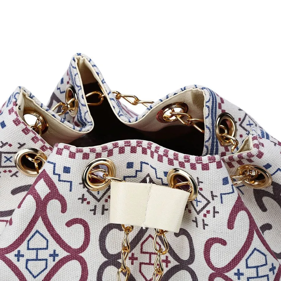 Female Summer Ethnic Boho Canvas Drawstring Bucket Bag Shoulder Handbags Women Messenger Beach Bags