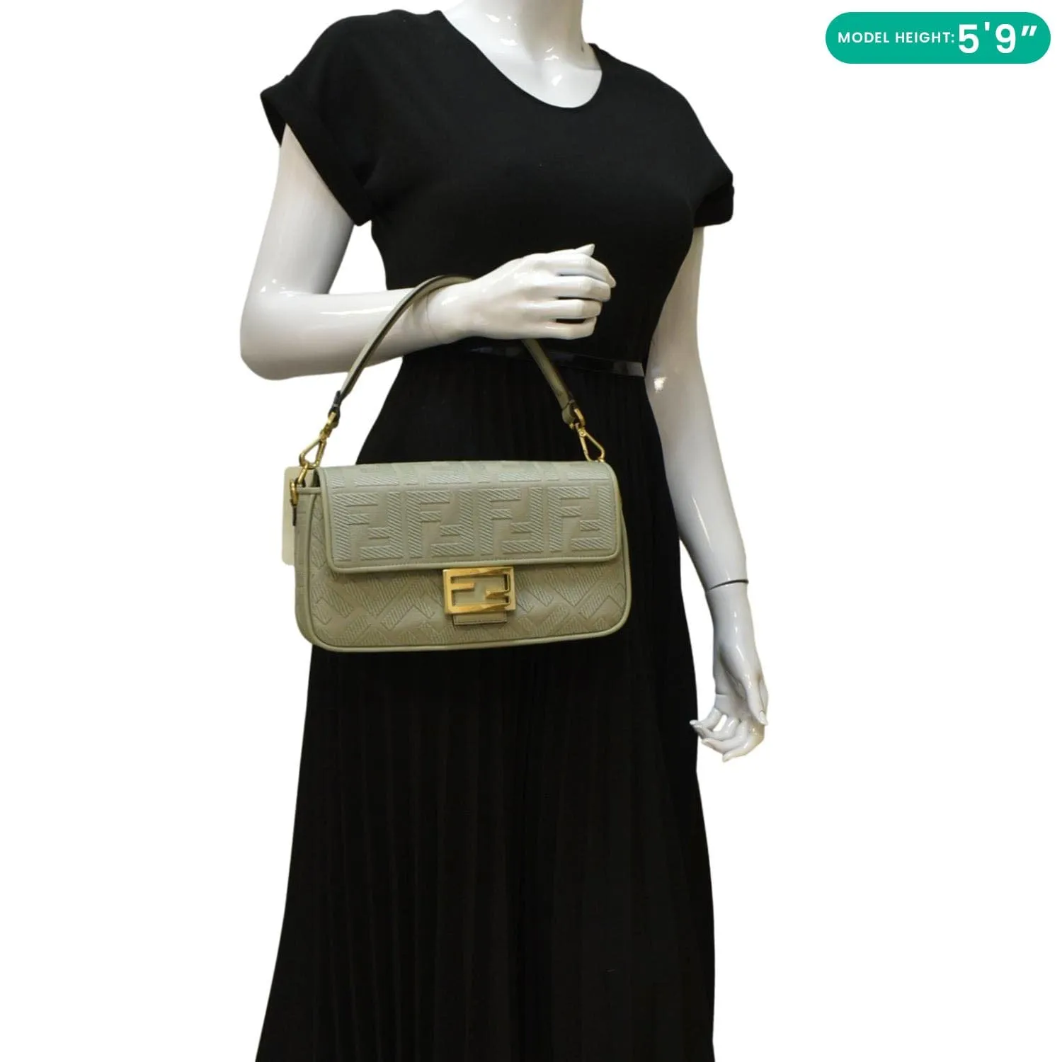 FENDI Baguette FF Canvas Chain Shoulder Bag Mint Green