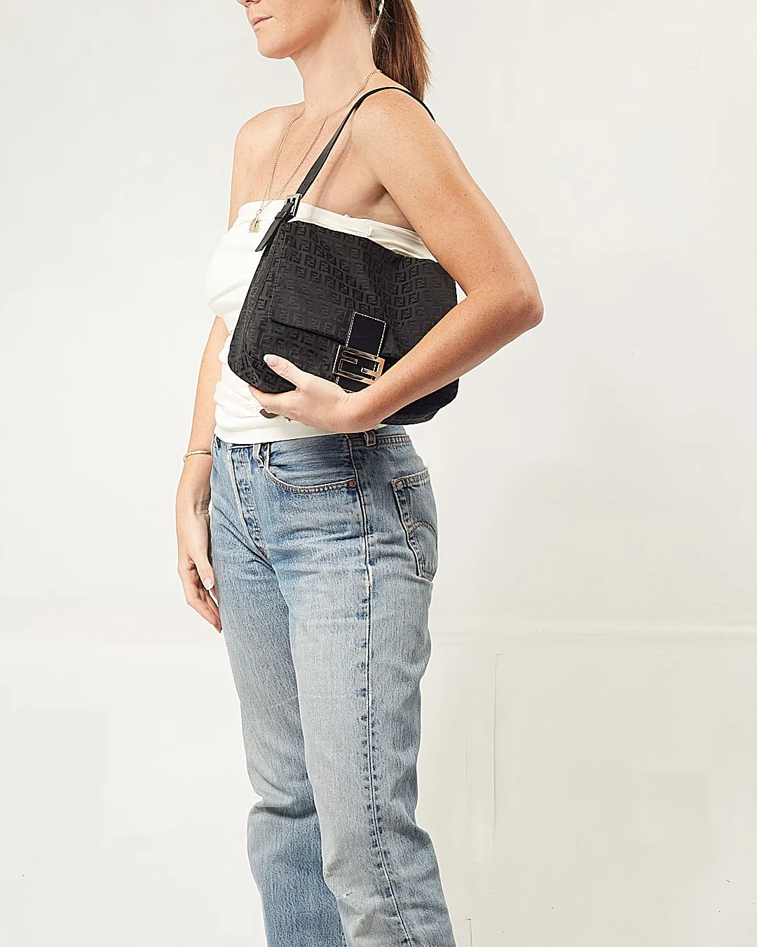 Fendi Black Canvas Zucchino Mamma Forever Shoulder Bag