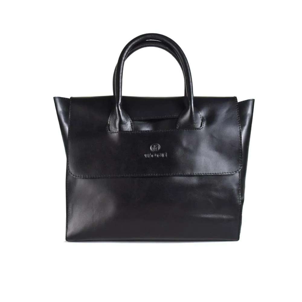Foldover Tote in Black Leather Cncled Carry