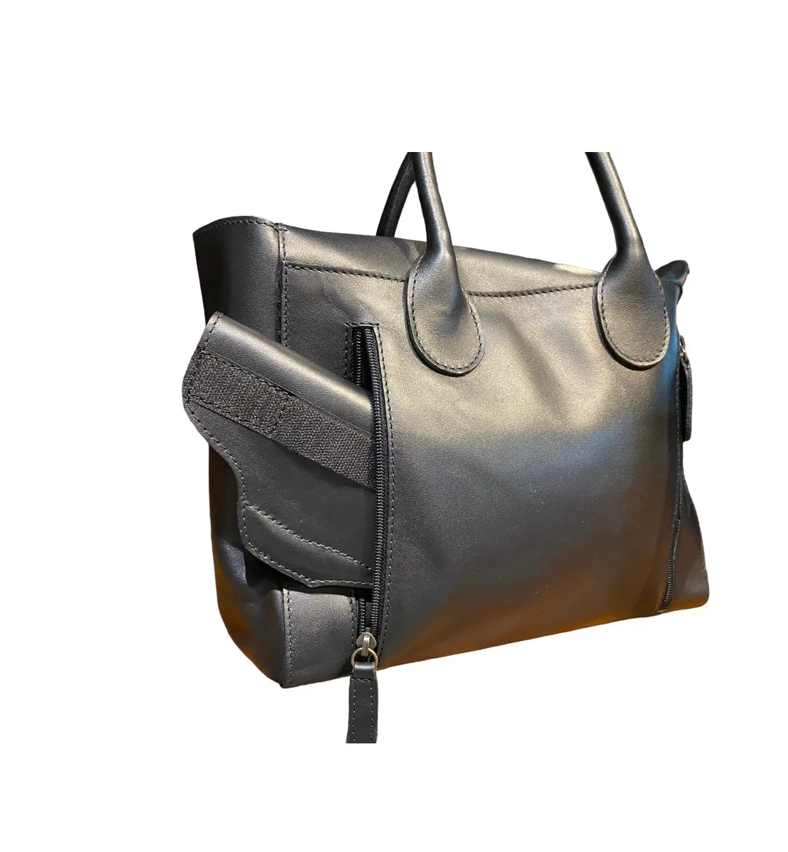 Foldover Tote in Black Leather Cncled Carry