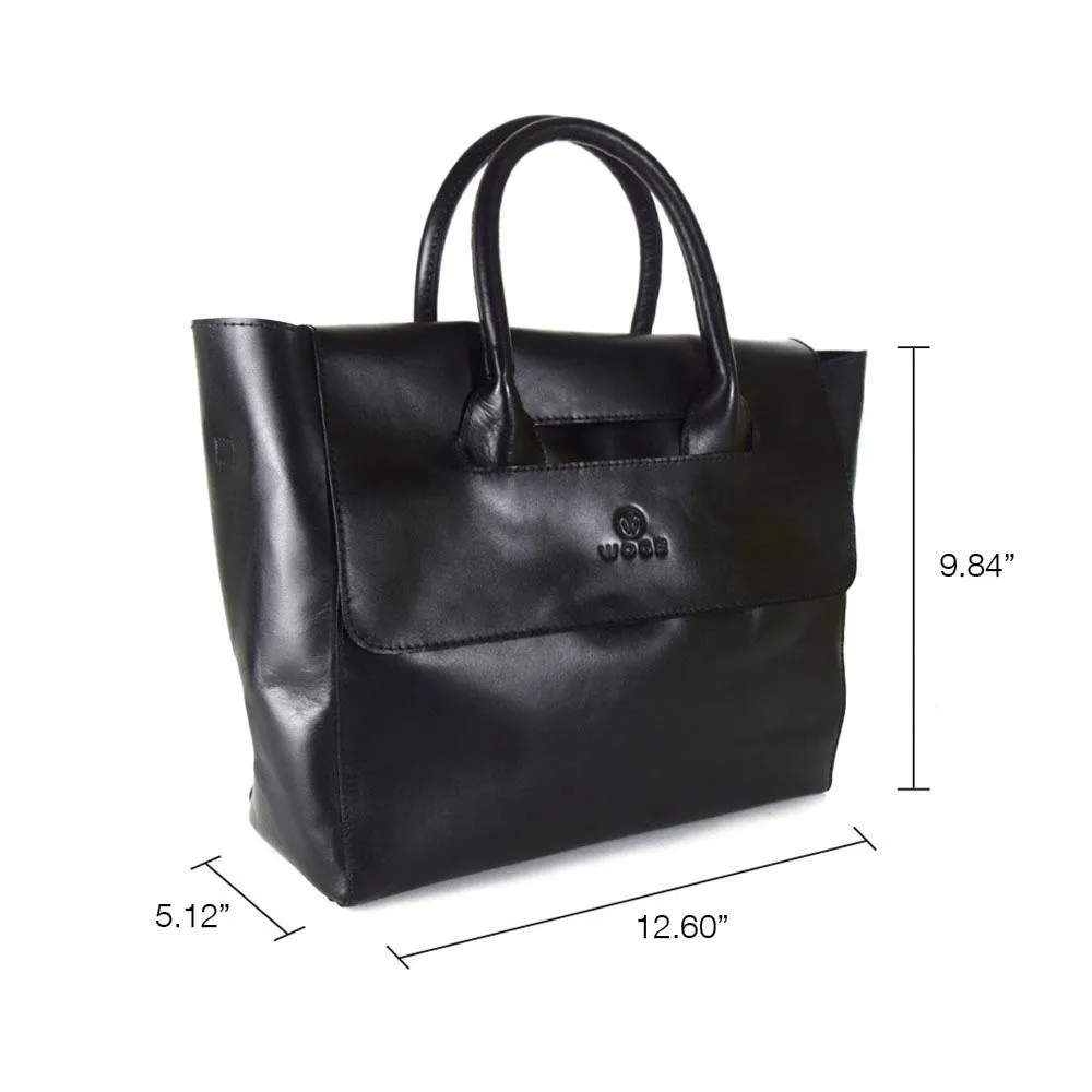 Foldover Tote in Black Leather Cncled Carry