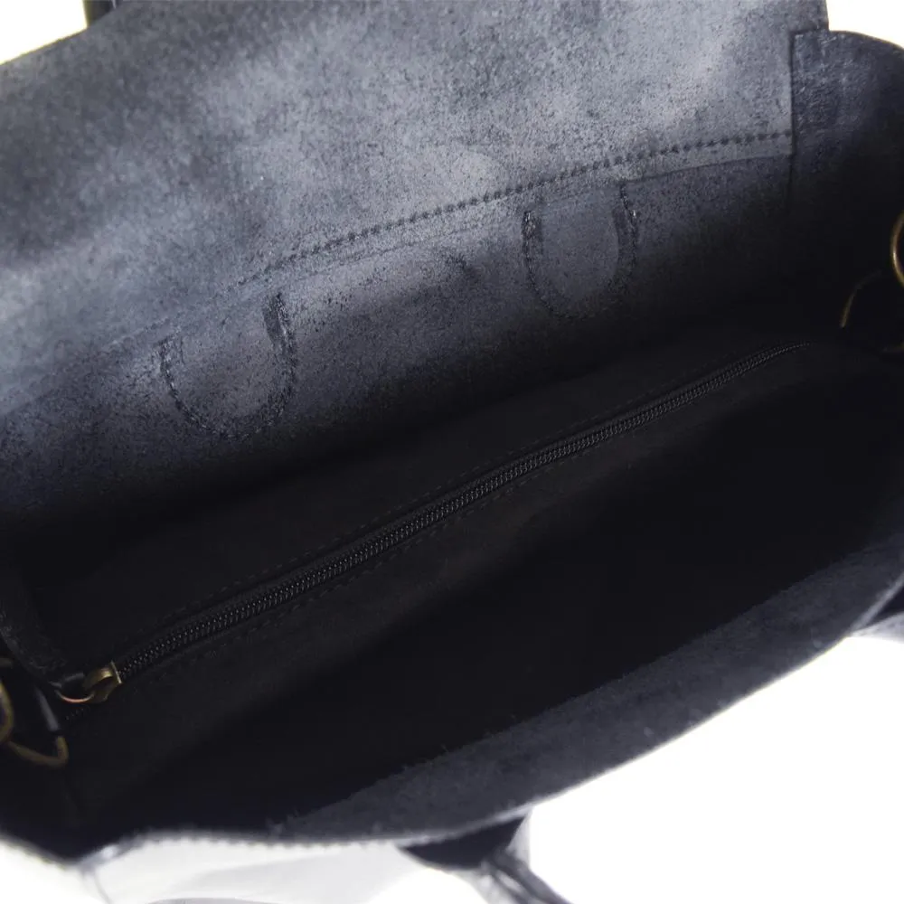 Foldover Tote in Black Leather Cncled Carry