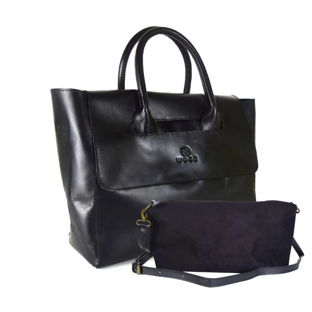 Foldover Tote in Black Leather Cncled Carry