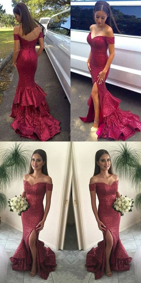Glittering Red Sequined Mermaid Off Shoulder Prom Dresses, Evening Dresses, MP227