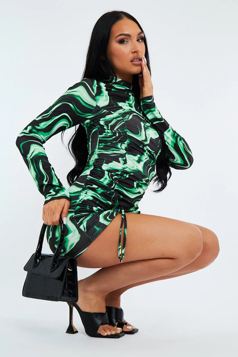 Green Abstract Print Ruched Front Mini Dress - Vara