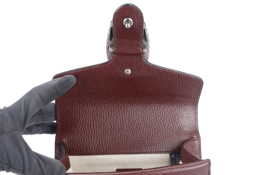 GUCCI 421970 493075 DIONYSUS MINI MAROON TANNED LEATHER SHOULDER BAG SILVER HARDWARE WITH DUST COVER