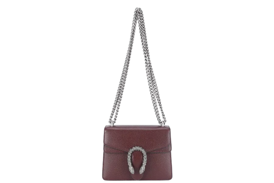 GUCCI 421970 493075 DIONYSUS MINI MAROON TANNED LEATHER SHOULDER BAG SILVER HARDWARE WITH DUST COVER