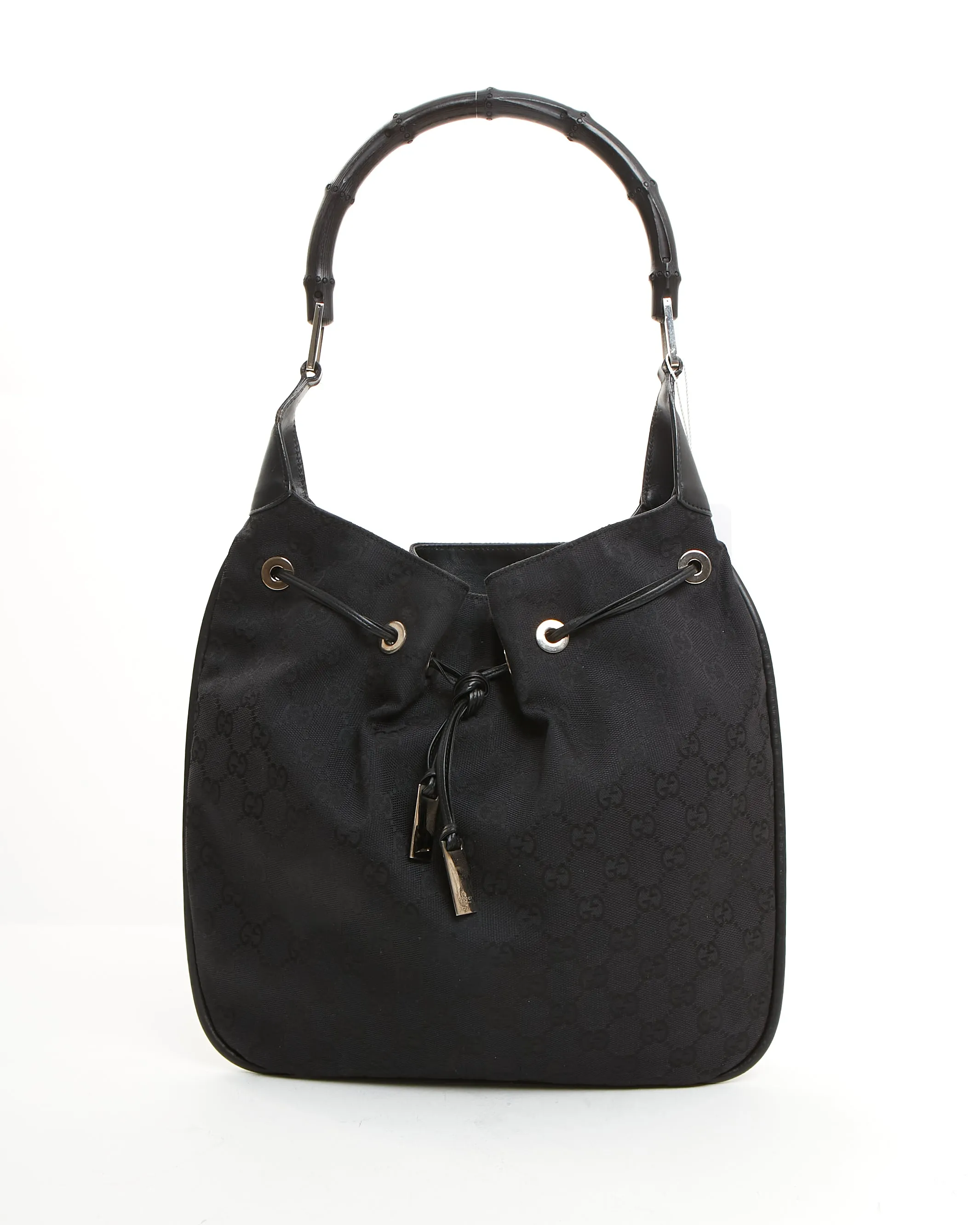 Gucci Black GG Canvas Bamboo Shoulder Bag
