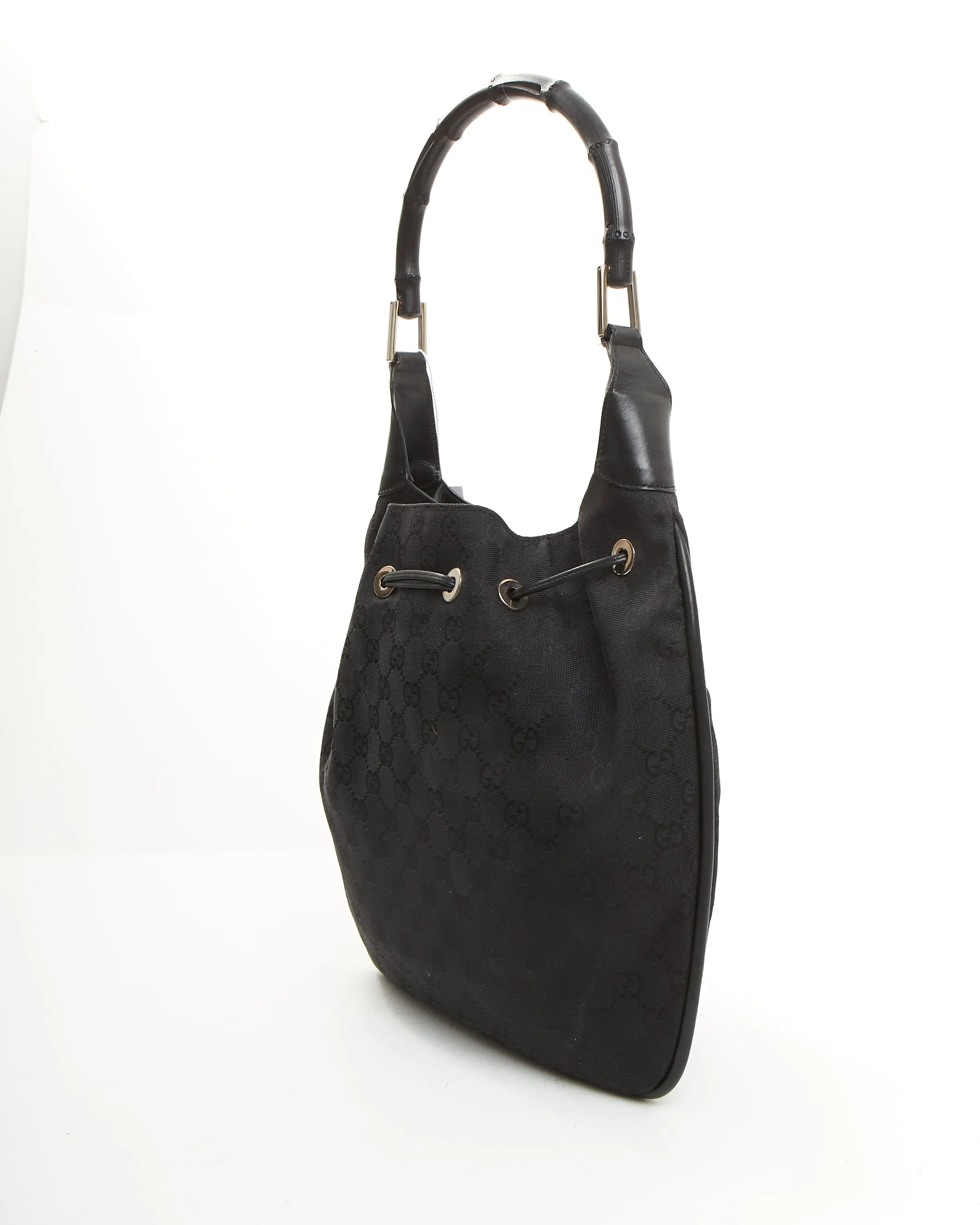 Gucci Black GG Canvas Bamboo Shoulder Bag
