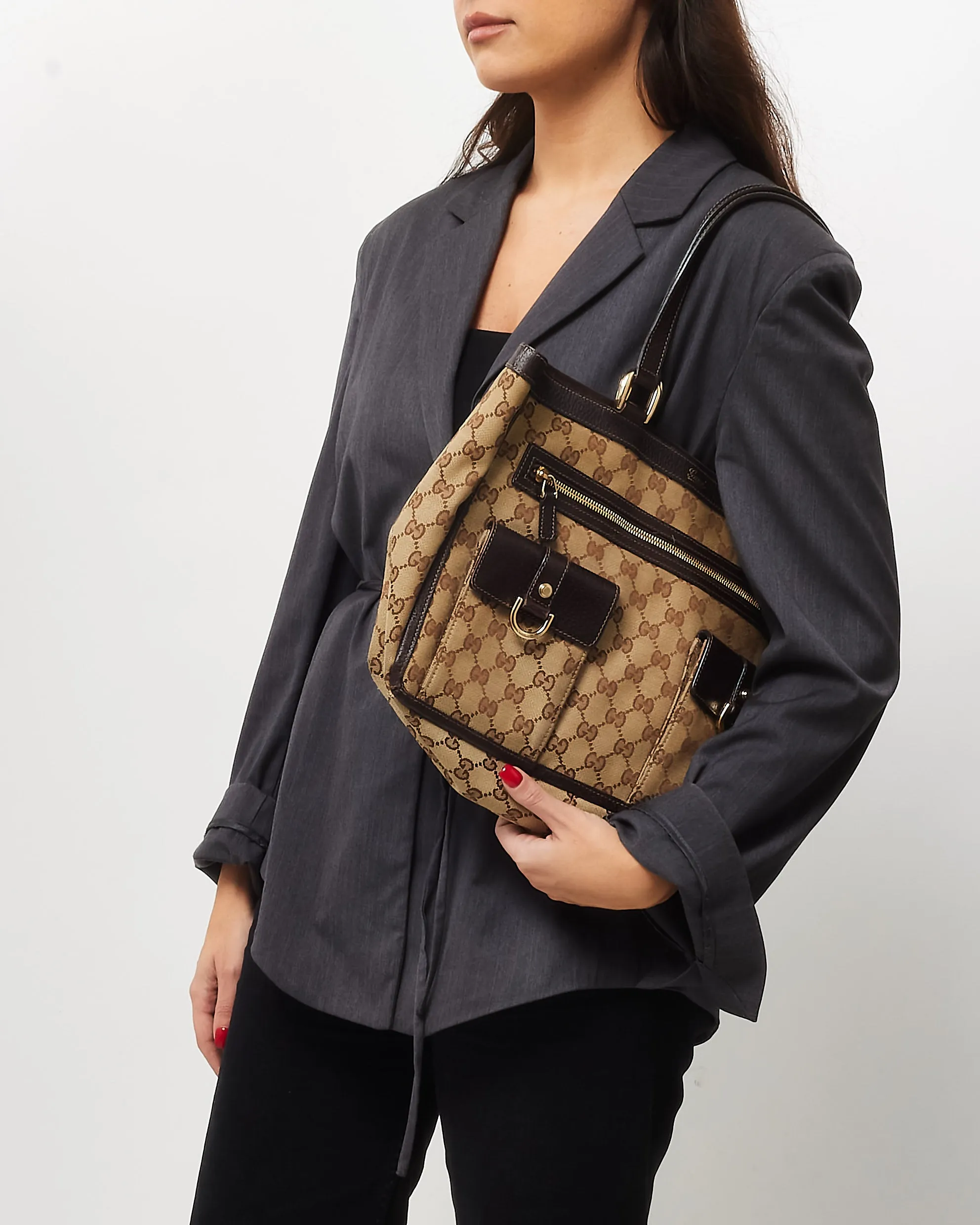 Gucci Brown & Beige GG Monogram Canvas Abbey Pocket Zip Tote Bag
