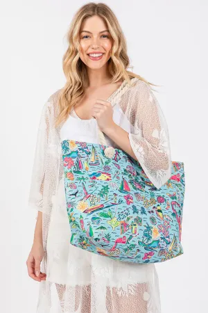 HAND DRAWN PRINT TOTE BEACH BAG