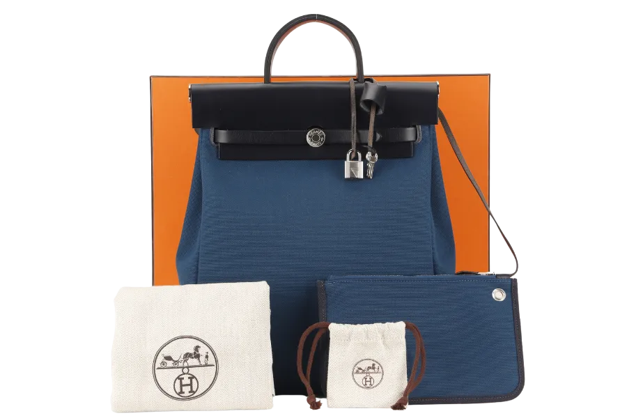 HERMES HERBAG A DOS ZIP RETOURNE TILT STAMP Z (2021) NAVY BLUE TOILE CANVAS & BLACK HUNTER LEATHER PALLADIUM HARDWARE STAMP Z (2021) WITH LOCK&KEYS, POUCH, DUST COVER AND BOX