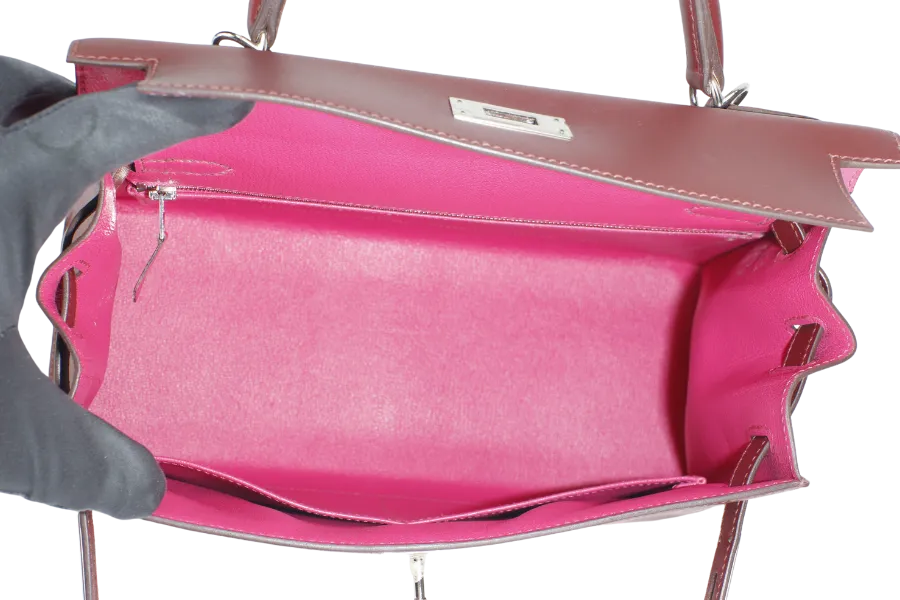 HERMES KELLY 28 STAMP C (YEAR 2019) LETTRE M ROUGE H VERMILLION, ROSE TYRIEN EPSOM, CHEVRE SOMBRERO SILVER HARDWARE WITH LOCK&KEYS, RAINCOAT AND DUST COVER