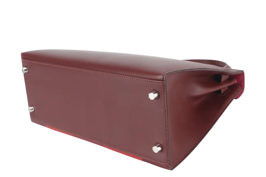 HERMES KELLY 28 STAMP C (YEAR 2019) LETTRE M ROUGE H VERMILLION, ROSE TYRIEN EPSOM, CHEVRE SOMBRERO SILVER HARDWARE WITH LOCK&KEYS, RAINCOAT AND DUST COVER