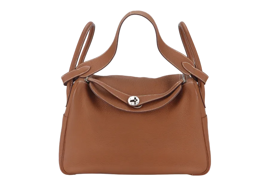 HERMES LINDY 34 GOLD COLOR CLEMENCE LEATHER WITH SILVER HARDWARE STAMP Q WITH DUST COVER