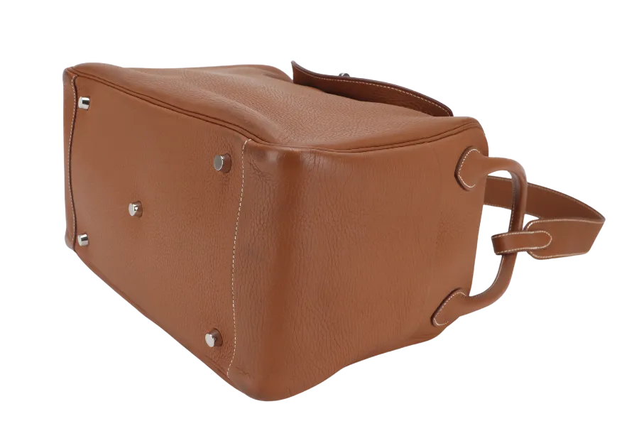 HERMES LINDY 34 GOLD COLOR CLEMENCE LEATHER WITH SILVER HARDWARE STAMP Q WITH DUST COVER