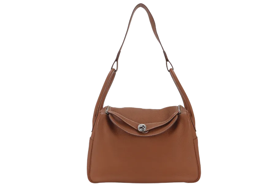 HERMES LINDY 34 GOLD COLOR CLEMENCE LEATHER WITH SILVER HARDWARE STAMP Q WITH DUST COVER
