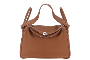 HERMES LINDY 34 GOLD COLOR CLEMENCE LEATHER WITH SILVER HARDWARE STAMP Q WITH DUST COVER