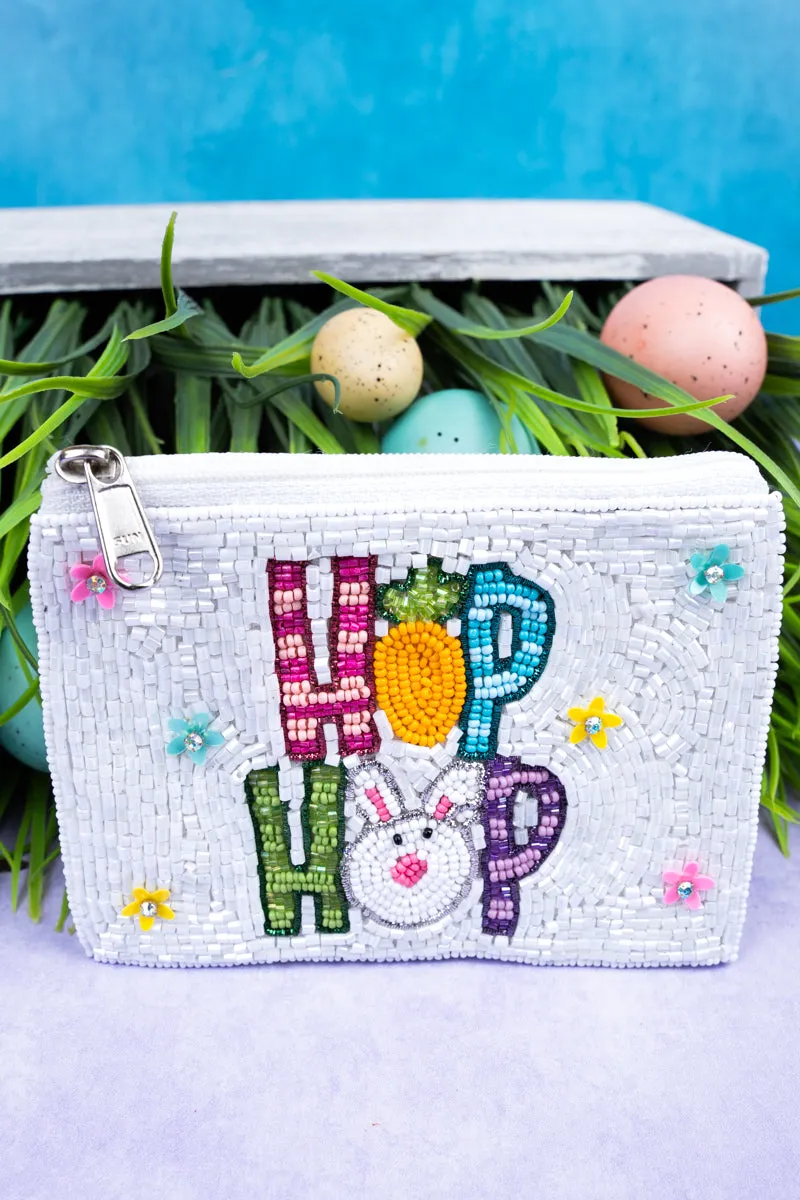 Hop Hop Bunny White Seed Bead Coin Purse