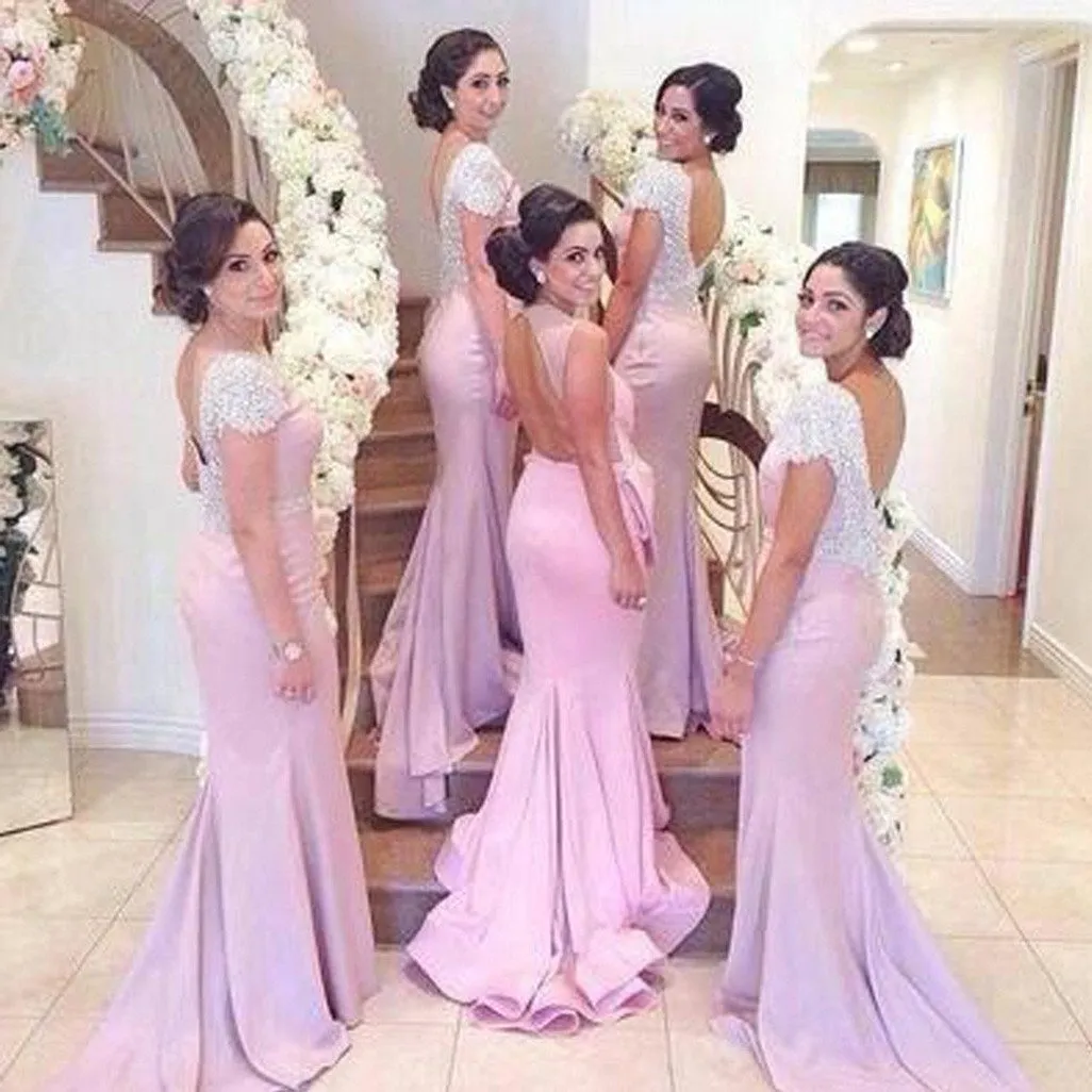 Inexpensive Cap Sleeve Open Back Mermaid Long Bridesmaid Dresses With Beading, MB101