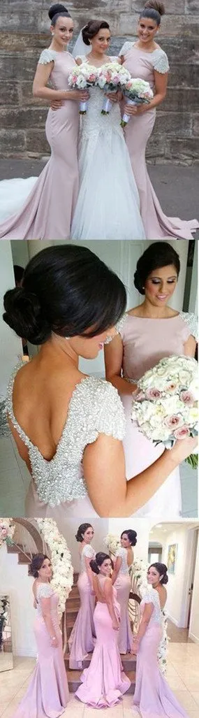 Inexpensive Cap Sleeve Open Back Mermaid Long Bridesmaid Dresses With Beading, MB101