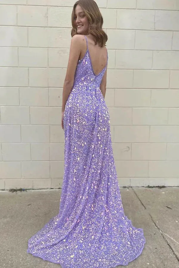 Lilac Deep V Neck A Line Sparkly Prom Evening Gowns Shiny Sequined Long Party Dress OK1413