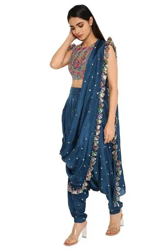 Maori Midnight Blue Colour Embroidered Choli With Mukaish Silk Low Crotch Pants With Attached Drape