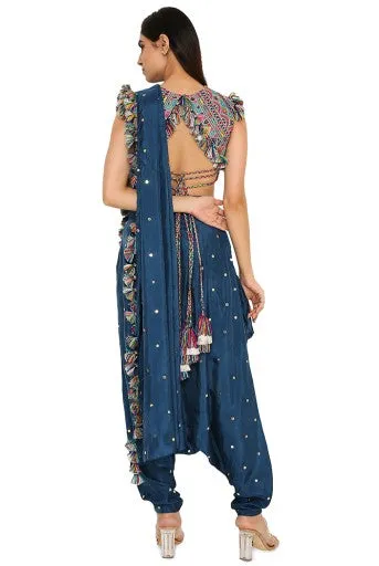 Maori Midnight Blue Colour Embroidered Choli With Mukaish Silk Low Crotch Pants With Attached Drape