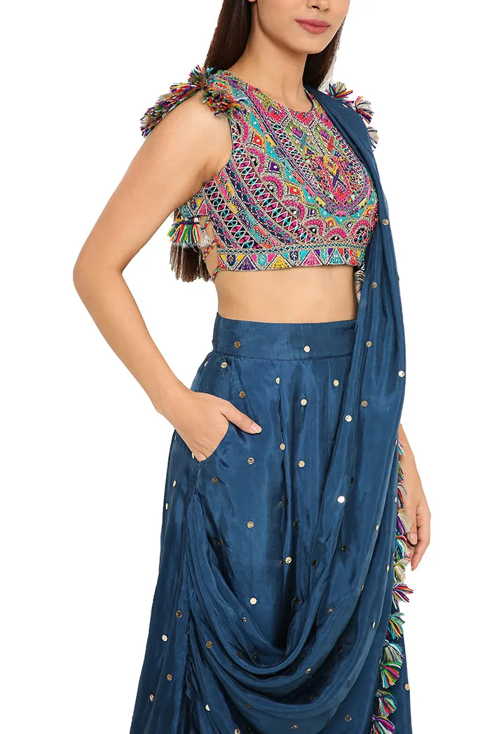 Maori Midnight Blue Colour Embroidered Choli With Mukaish Silk Low Crotch Pants With Attached Drape