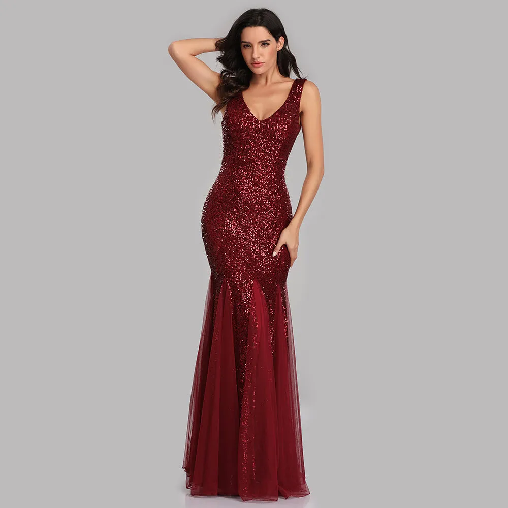 Mermaid Burgundy Tulle Long Sequined Prom Dress XU90813