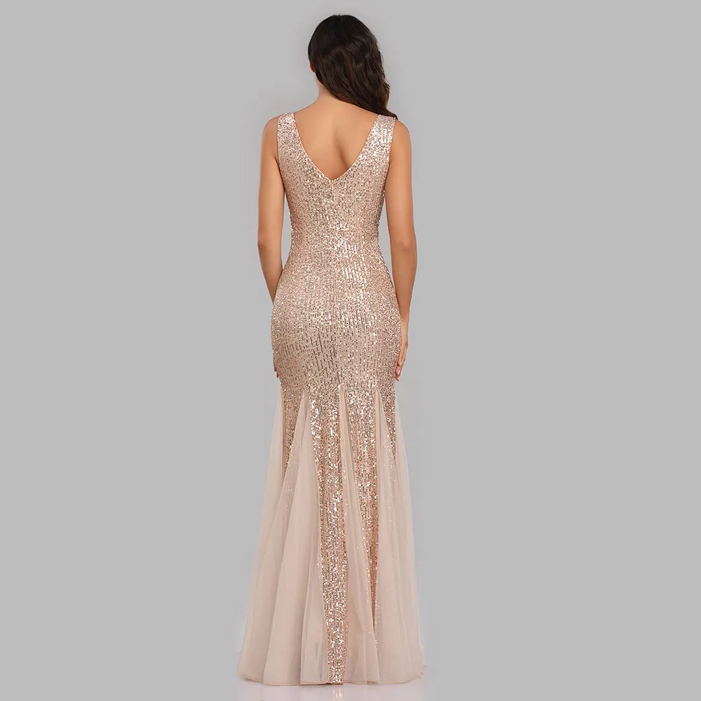 Mermaid Burgundy Tulle Long Sequined Prom Dress XU90813