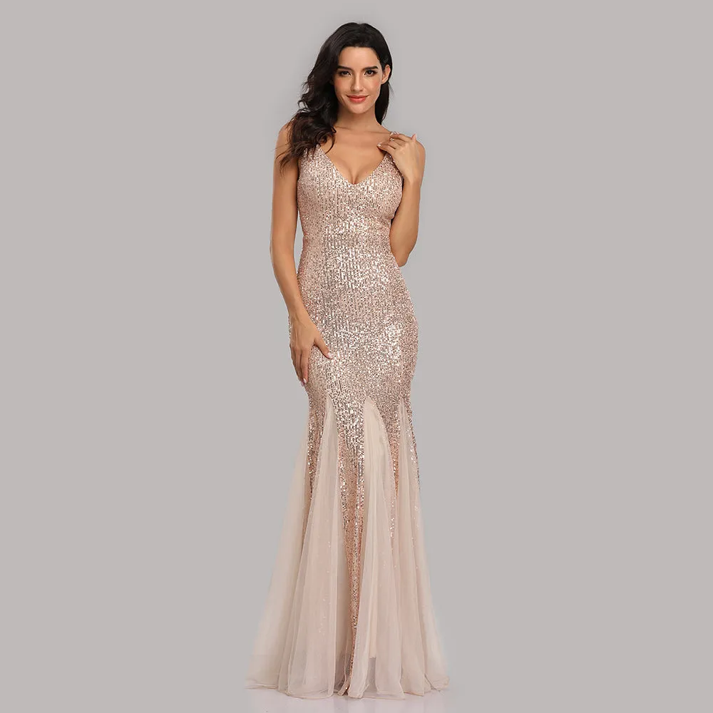 Mermaid Burgundy Tulle Long Sequined Prom Dress XU90813