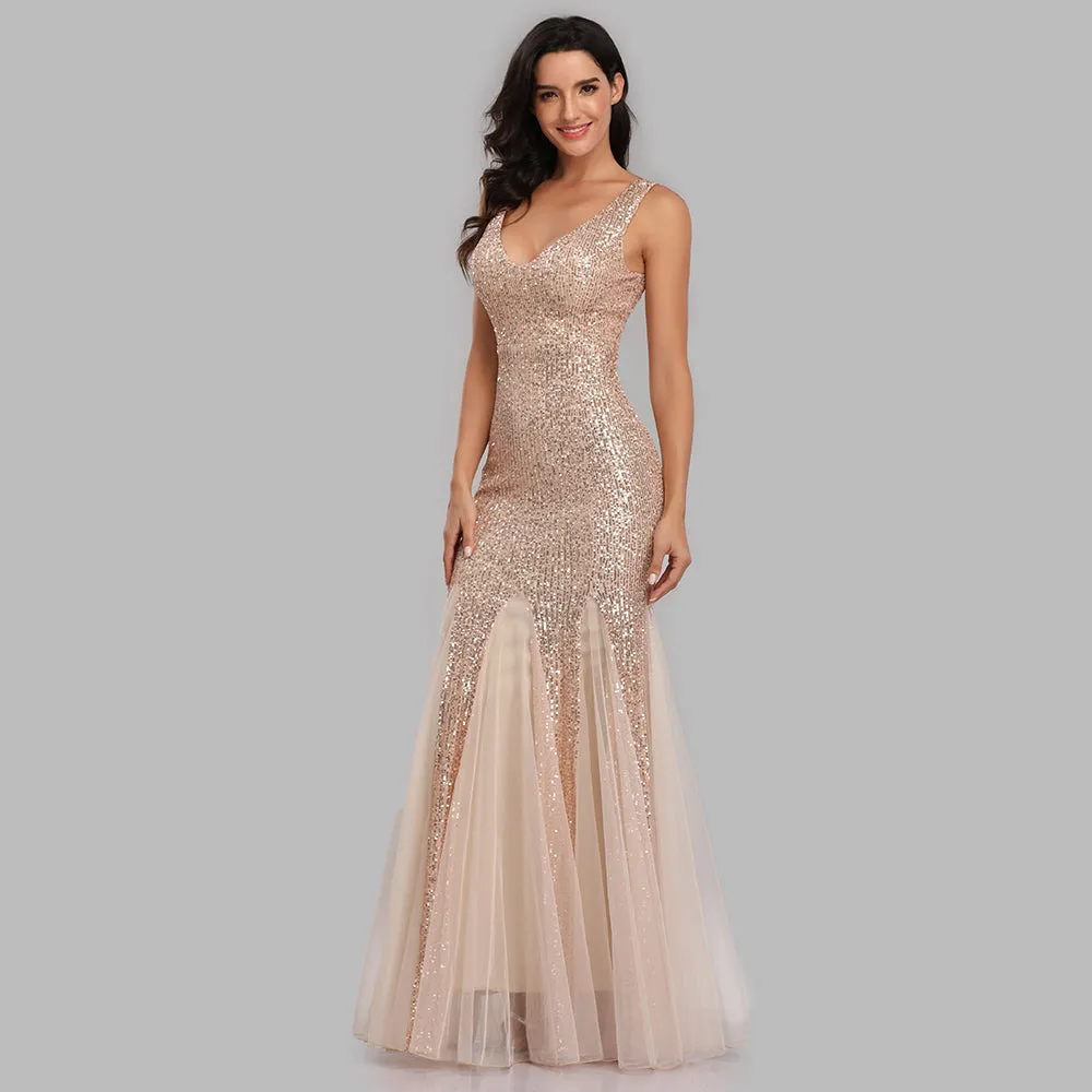 Mermaid Burgundy Tulle Long Sequined Prom Dress XU90813